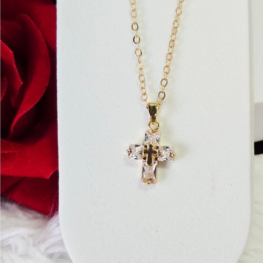 Gold CZ Cross Pendant Necklace Stainless Steel Princess Cut Crystal Faith Gift